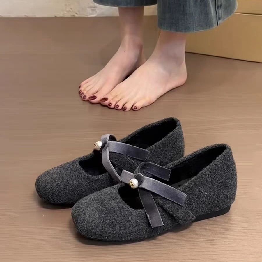Gray Fluffy Shoes for Women To Wear Outside, New In Autumn, Woolen Inner Height Increase, Flat Bottom Soft Sole To Keep Warm, Mary Jane Single Shoes