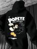 Popeye The Sailor 1896 Graphic Print Hoodie - Red Casual Pullover with Cartoon Design