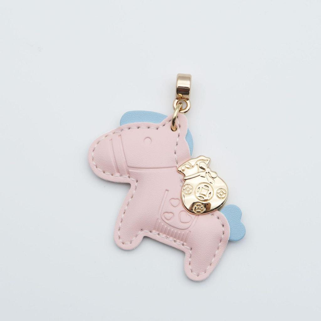 Instant Wealth Leather Keychain with Cartoon Pony Pendant for Couples – Trendy Bag and Car Accessory