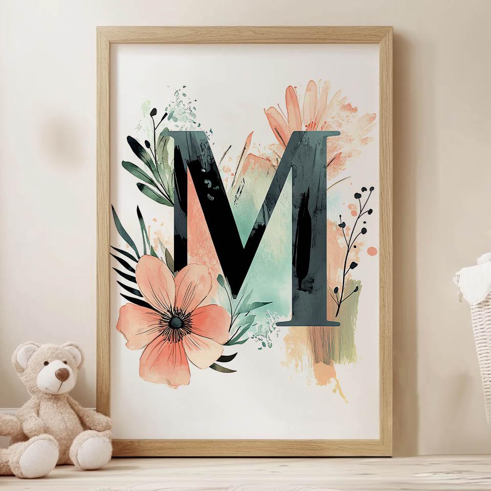 Plakat Litera "M" W Kolorowych Kwiatach I Liściach Plakat Litera "M" W Kolorowych Kwiatach I Liściach, 50X70 Cm, Bez Ramy, Papier Matowy 230 Gsm