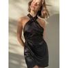 Fashion Style Satin Asymmetrical Sexy Halter Dress Sexy Hanging Neck Black Dress