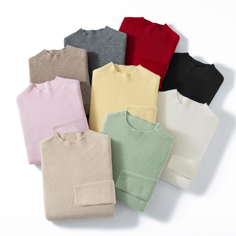 Women's Slimming Pure Cashmere Ribbed Pullover Sweater - Solid Color, Half-High Neck Knitwear