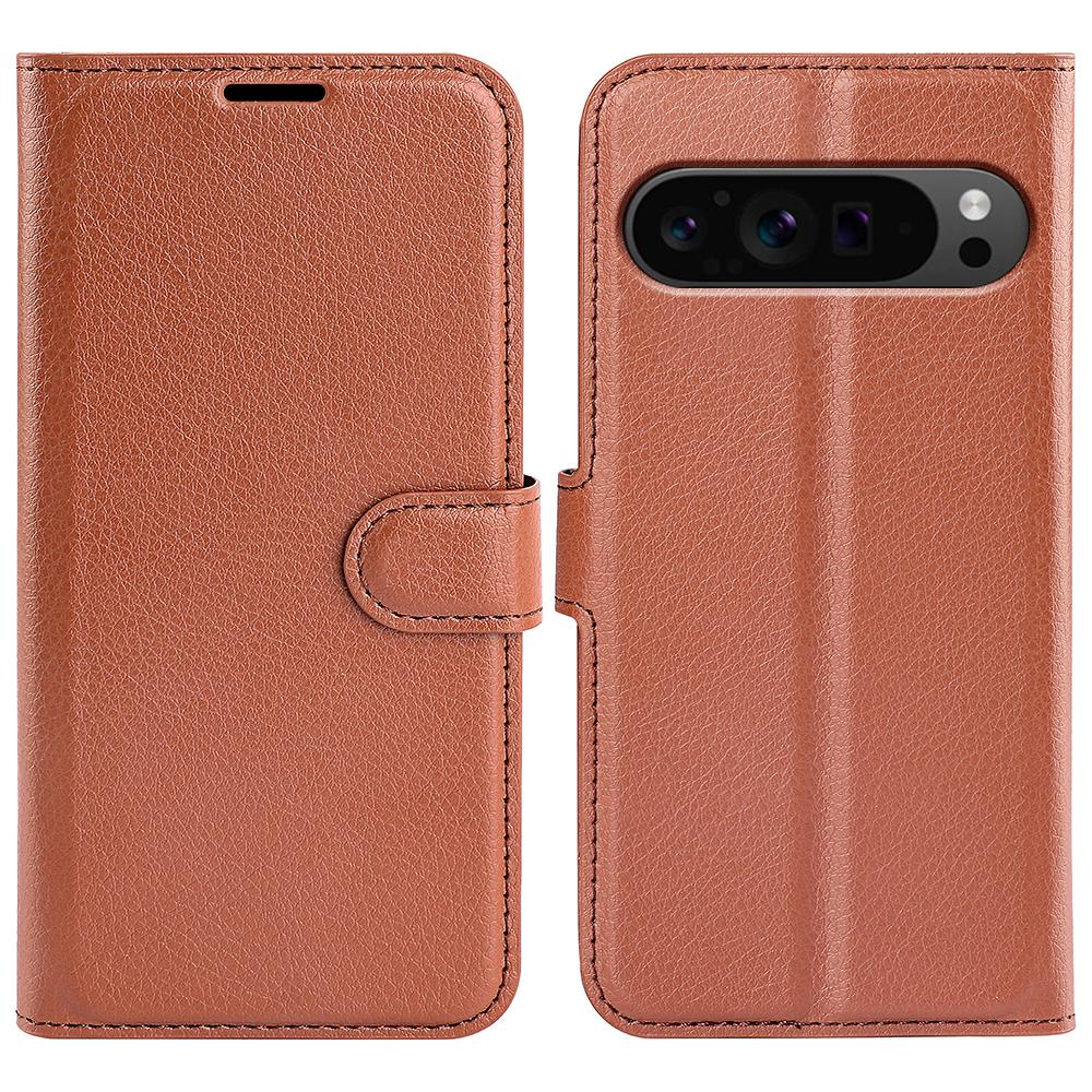 

For Google Pixel 9 Pro XL Case Litchi Texture Protective Leather Folio Phone Cover Brown