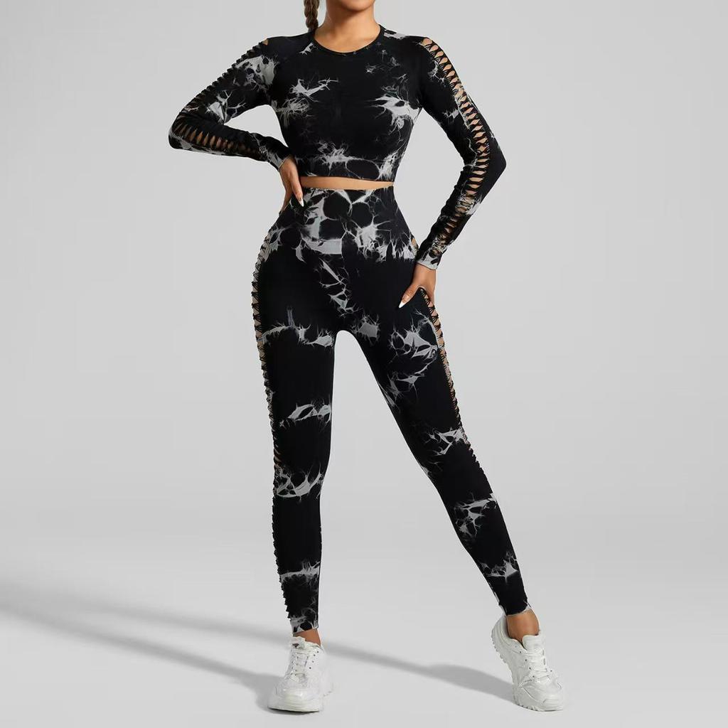 Cross-border Tie-dye Quick-dry High-waisted Yoga Set: Long Sleeve & Side Cut-out Pants