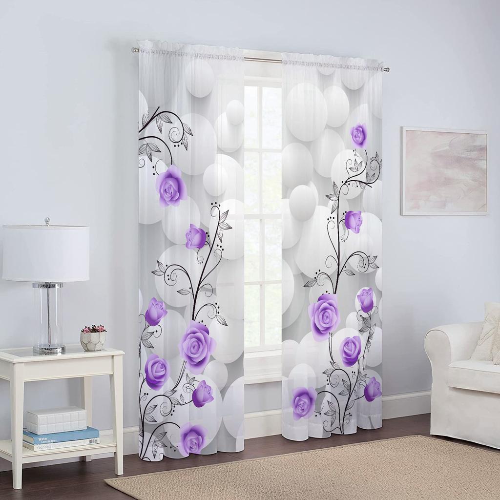 Weißer Stein Lila Rose Floral Sheer Voile Vorhang für Wohnzimmer Schlafzimmer Küche Fenster Dekor Geometrische Blumen Tüll Vorhänge