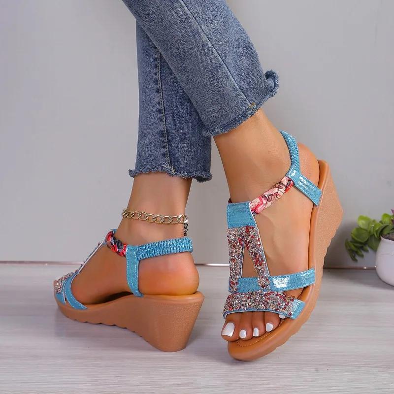 2024 Hot Selling Women's Shoes Summer Wedge Bohemian Rhinestone Casual Thick Soled Sandals Women's Open Toe Outdoor Beach Shoes