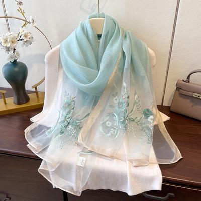 Silk Wool Embroidered Silk Scarf Women's Fashion Foreign Style Winter Warm Scarf Cold Shawl with Thin Style