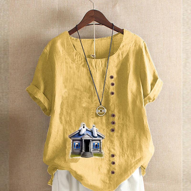 Women's Fashion Haunted House Prined Round Neck Short Sleeve T-shirt Casual Cotton Linen Graphic Shirt Leisure Loose Summer Blouse Tops