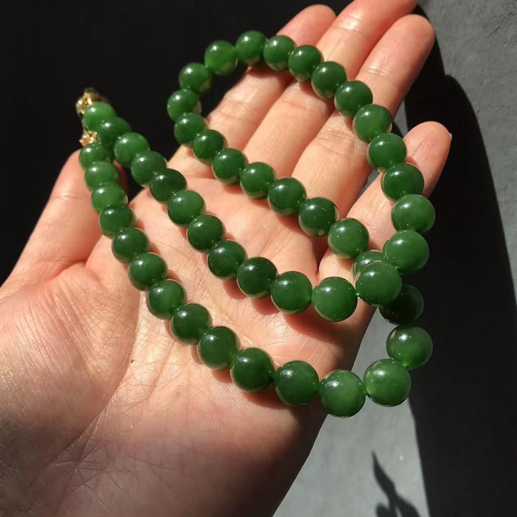 Eleventh National Day Mid-Autumn Hetian Jade Necklace - Spinach Green, 10mm beads, Mother Chain - Warm, Classical Collection
