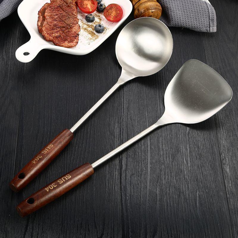 304 Stainless Steel Slotted Spatula Set with Anti-scald Wooden Handle - Thickened for Stir-frying & Cooking.