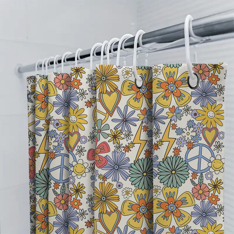 Psychedelic Shower Curtain Bohemian Floral Peace Sign Design Durable Polyester Fabric For Bathroom Decorations (Multicolor)