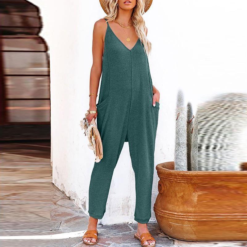 American Shiying Solid V-neck Sling Jumpsuit Women 2025 Summer New High Waist Straight Jumpsuit Women