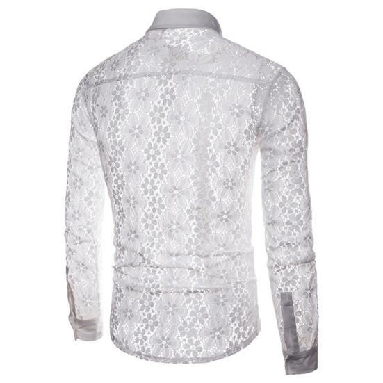 Men Sexy Long Sleeve Solid Color Lace See Through Clubwear Buttons Down Shirt