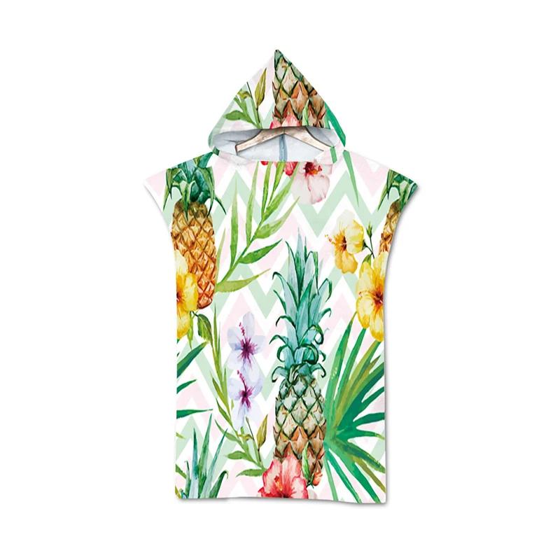 Microfiber Tropical Fruit Leaves Pineapple Print Hooded Beach Towel Hawaii Summer Bath Towel Quick Dry Swimming Poncho Bathrobe