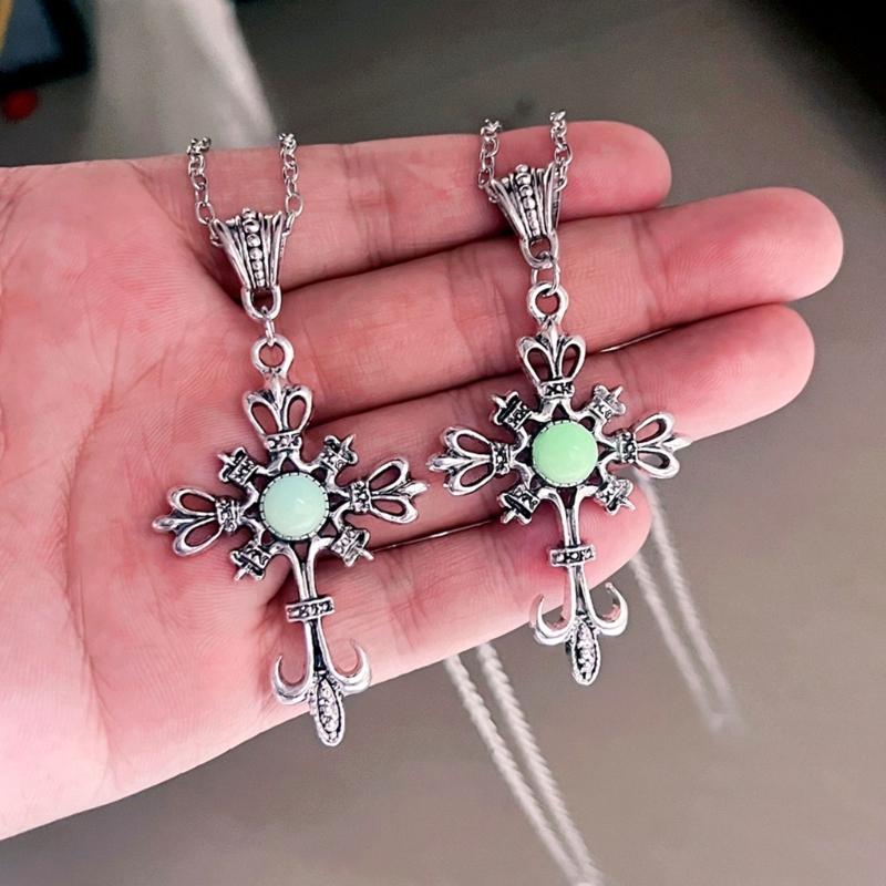 Cross Pendant Necklace Punk Choker Luminous Stone Necklace Hip Hop Clavicle Chain Necklace Gothic Jewelry for Egirl Eboy