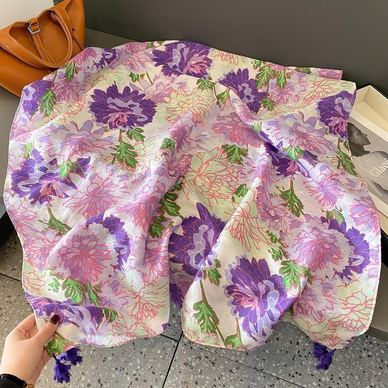 

Classic Blue Flower Print Scarf Elegant Tassel Shawl Casual Windproof Head Wrap Hijab Sunscreen Travel Beach Towel For Women