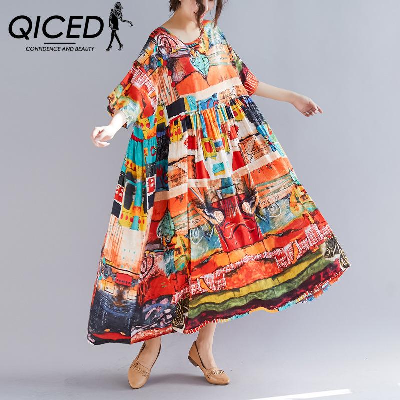 

QICED Весеннее винтажное платье выше колена из хлопка и льна Spring Art Long one size