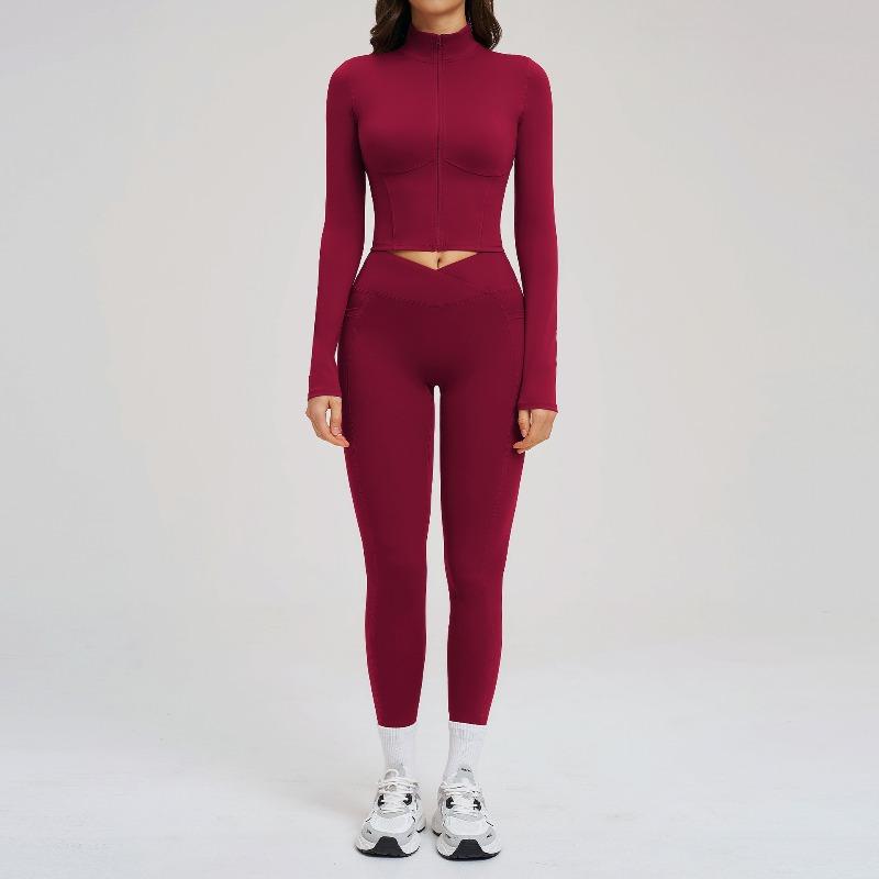 Nude yoga set, zipper tight fitness suit, outdoor running sports set for women