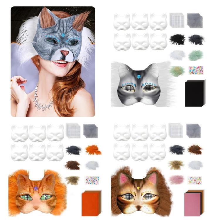6Pieces White Cats Face Mask Unpainted Masquerades Mask for Halloween Includes Furry Trim Eye Mesh Felted Cloth Sticker