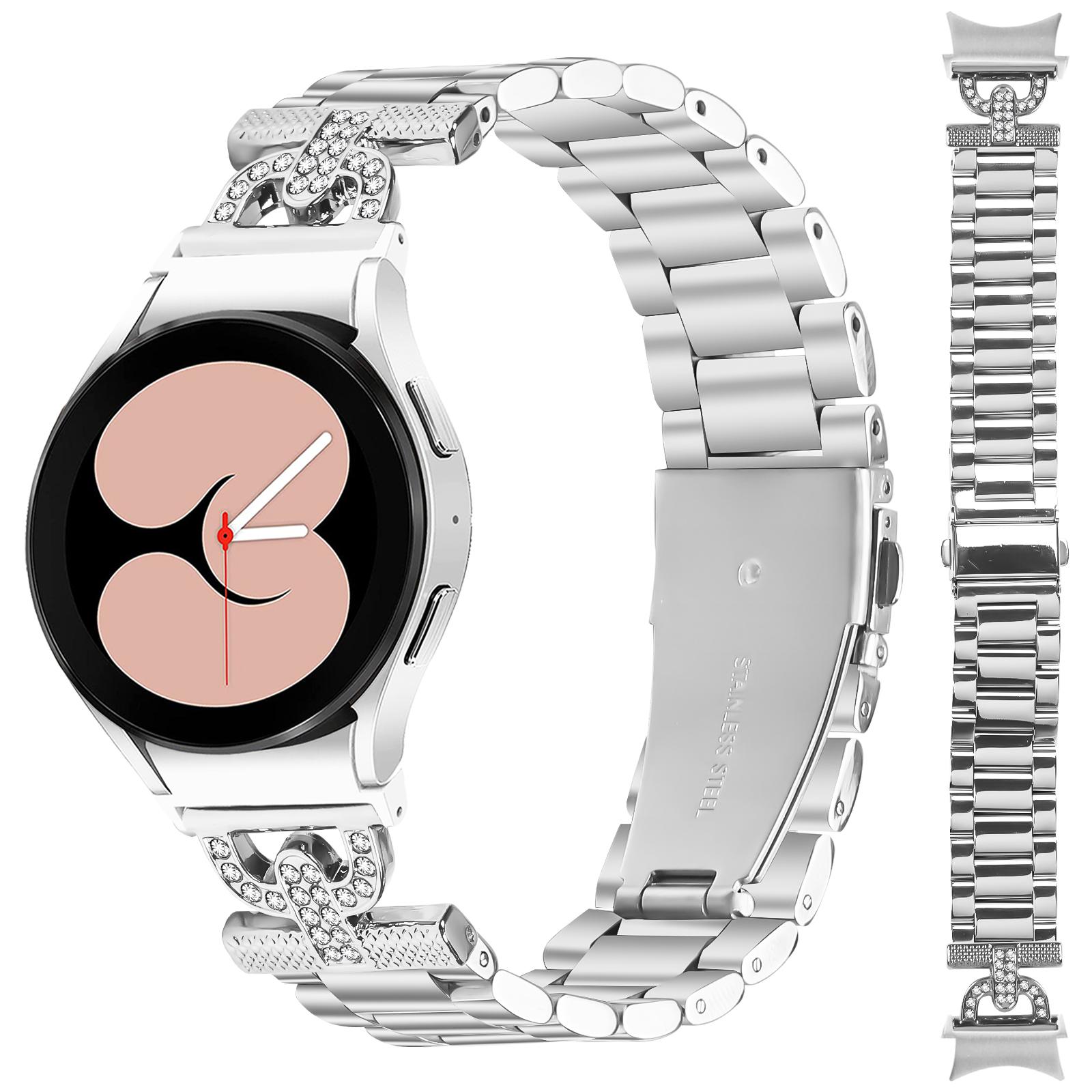 

Watch Strap with Connector for Samsung Galaxy Watch 5 Pro 45mm/5/5 Active/4/4 Active/4 Classic Silver Metal Band D-Shape Rhinestones Decor A