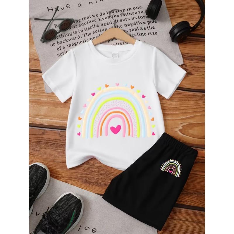 Summer Children's Fun Rainbow Graphic T-Shirt Set Crew Neck Short Sleeves + Elastic Waist Shorts 2PCS Set Casual Girls Clothing