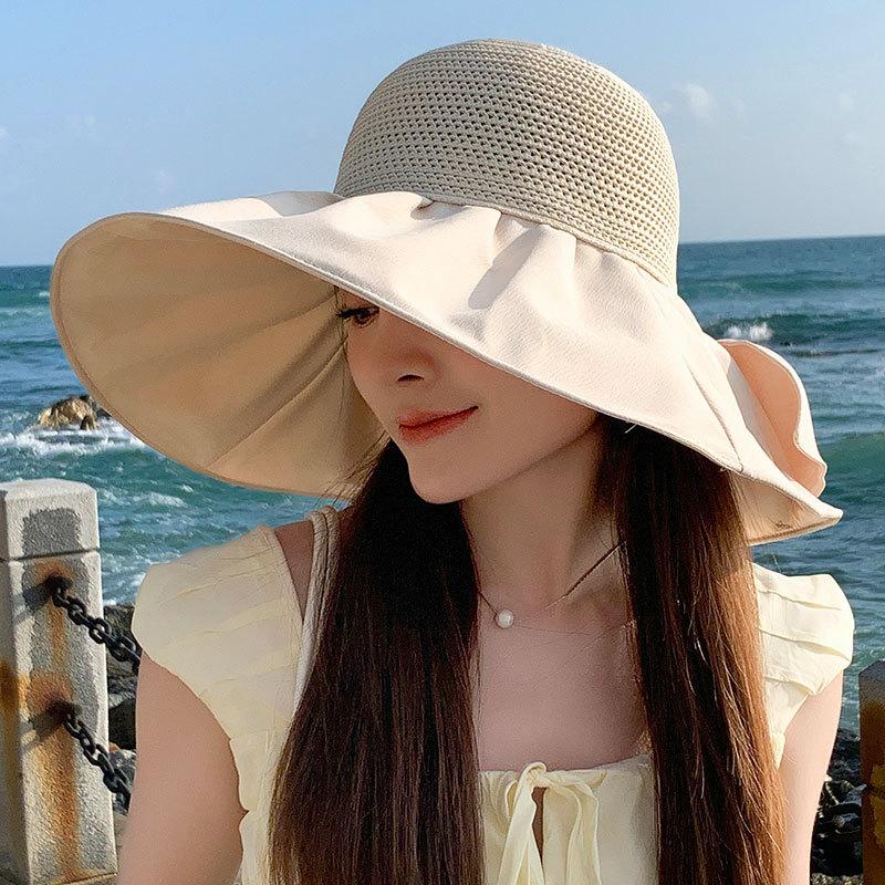 

New big edge sunscreen hat women s linen hollow splicing cool hat outdoor UV protection beach sun hat tide M (56-58cm), large brim sun protection
