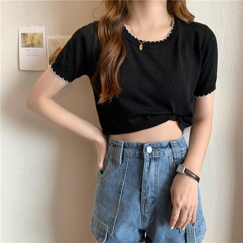 

Модные летние цветные кружевные топы с круглым вырезом и короткими рукавами, женские повседневные летние базовые удобные и стильные облегающие свитера, футболки One Size чёрный
