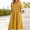 Women’s Short Sleeve Embroidered Midi Dress with Pockets Relaxed Fit Crew Neck Casual Summer Dress for Everyday Wear