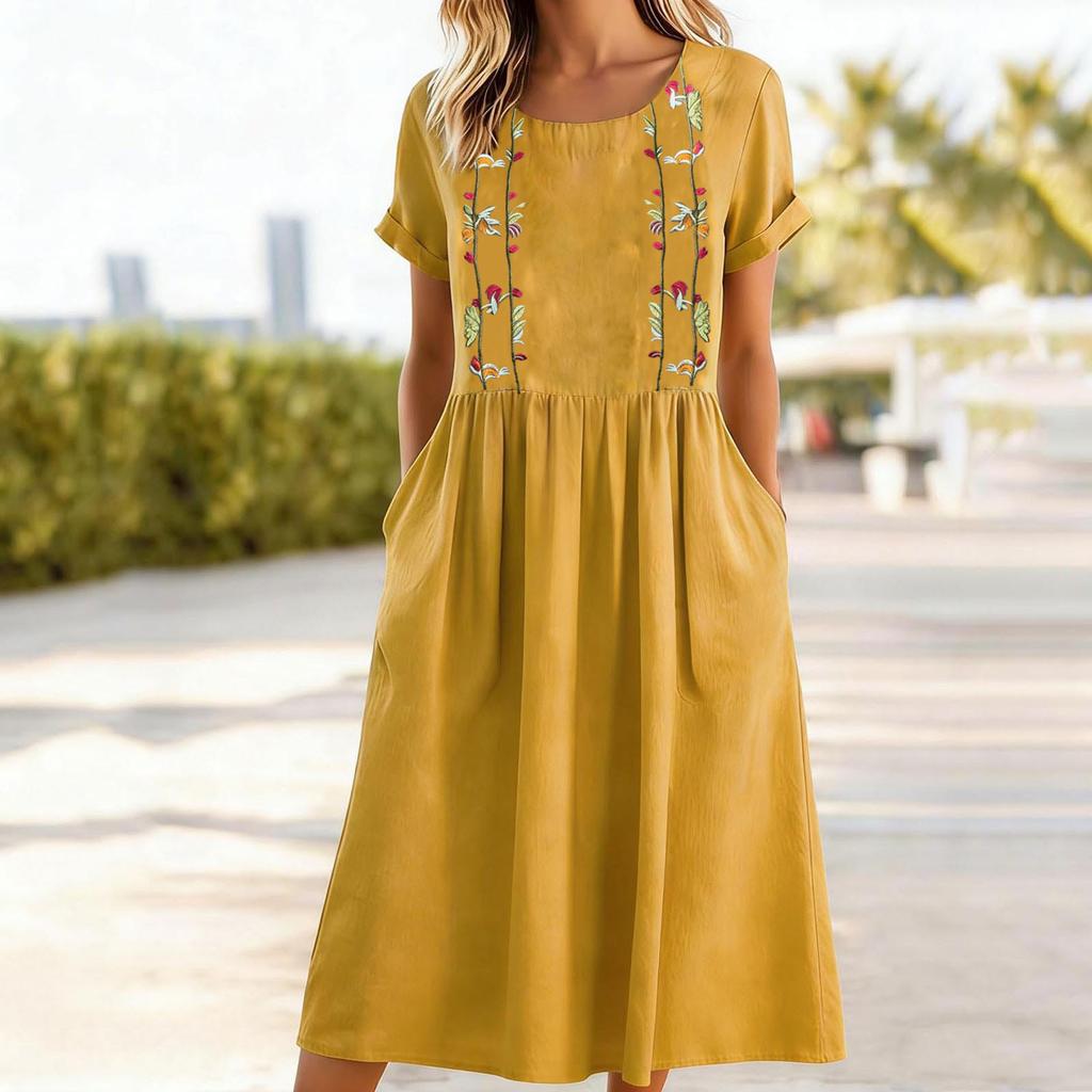 Women’s Short Sleeve Embroidered Midi Dress with Pockets Relaxed Fit Crew Neck Casual Summer Dress for Everyday Wear