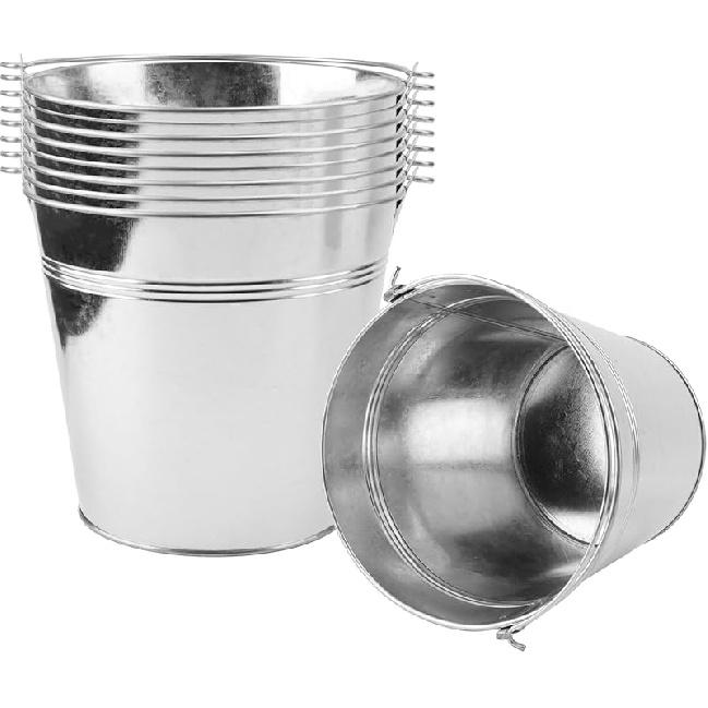 KINJOEK 8 Packs 4.72 X 4.72 X 3.54 Inch Galvanized Bucket Metal Planter, Silver Round Flower Pot Plant Basket for Balconies, Gardens, Patios, Office,