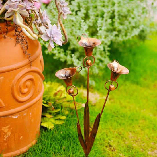 Garden Stake with Bells Soft Wind Chime Common Callalily Design Flamed Copper Finish Weather-Resistant Metal Garden Stake Outdoor