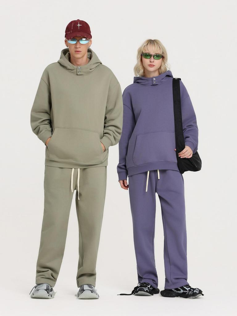 2025 Autumn/Winter Fleece-Lined Hooded Sweatshirt & Pants Set – Men's Trendy European/American Basic, Solid Color, 510g.