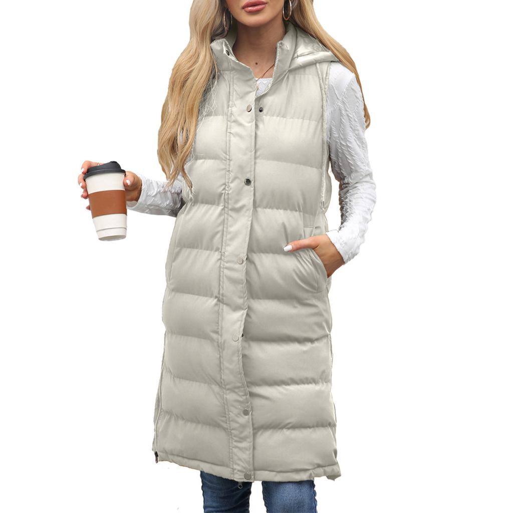 Fashionable Women's Hooded Sleeveless Vest Long Solid Color Zipper Padded Thickened Jacket