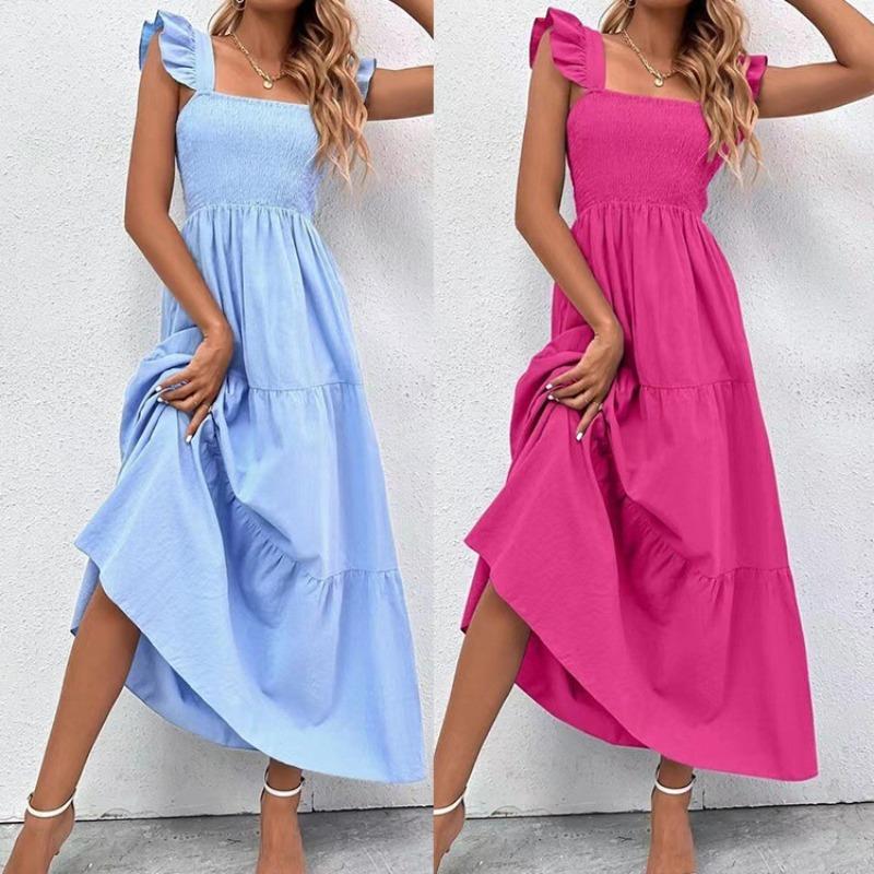 Sommerkleid in Volltonfarbe, langes Kleid mit Hosenträgern, Kuchenkleid für Damen, Freizeitkleider
