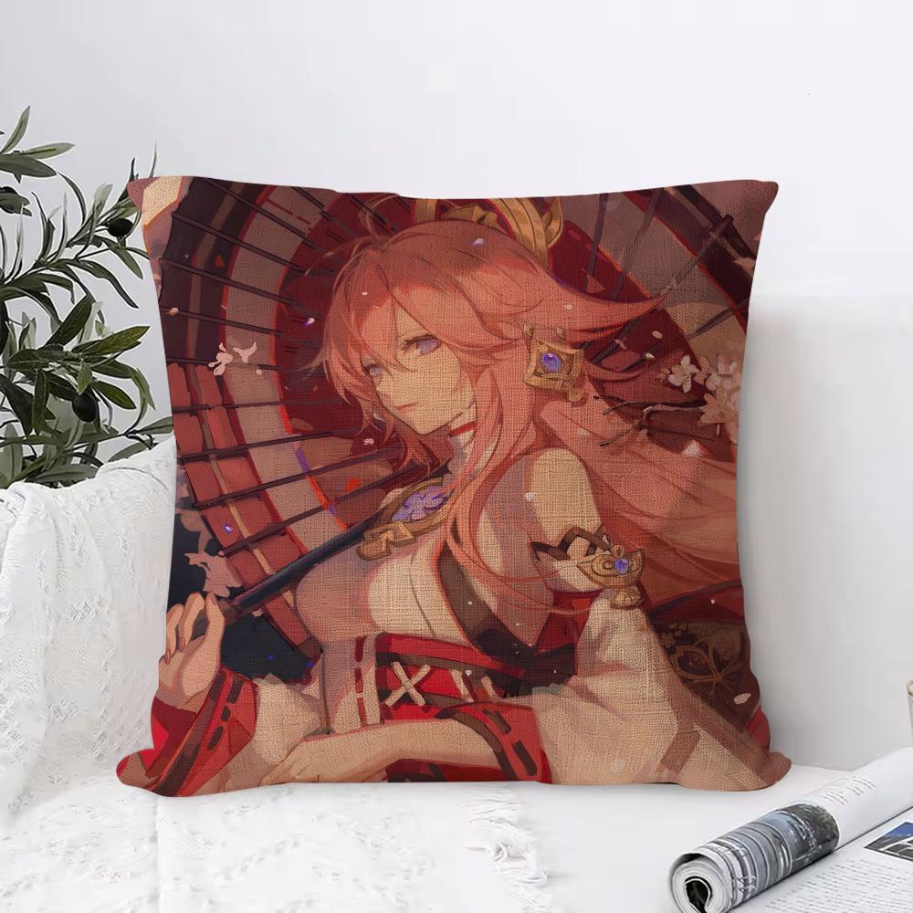 Genshin Impact Yae Miko Cushion Cover Eco Linen Pillow Case DoubleSided Print Breathable Durable Zipper Home Decor Gift