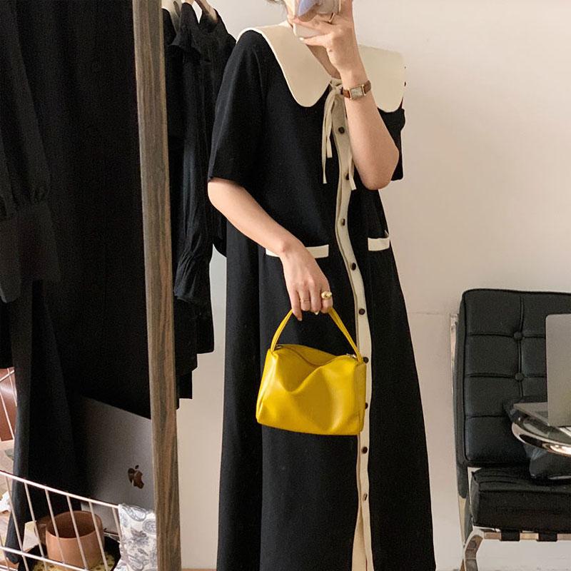 French Style Peter Pan Collar Dresses Women's Fashion Drawstring Summer Single-breasted A-Line Basic Pockets Long Dress