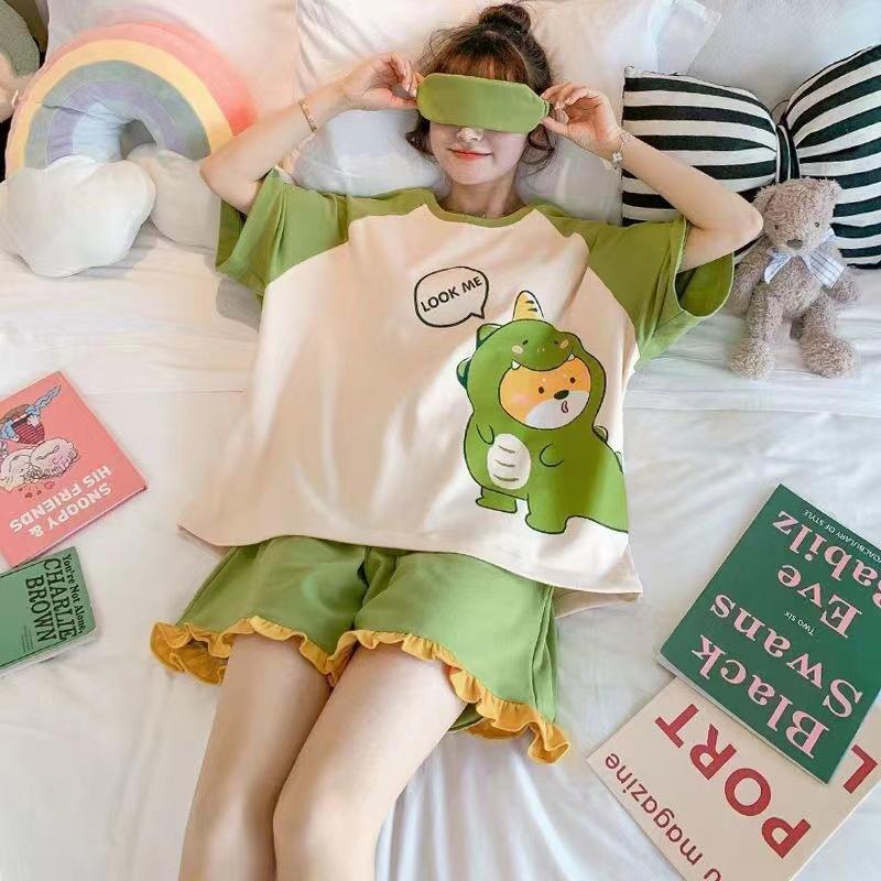 Summer Shorts Set Women's Pajamas Set Cute Cartoon Print Leisure Young Girls Sleepwear Short Sleeve Tops and Shorts Pijamas Women Homewear