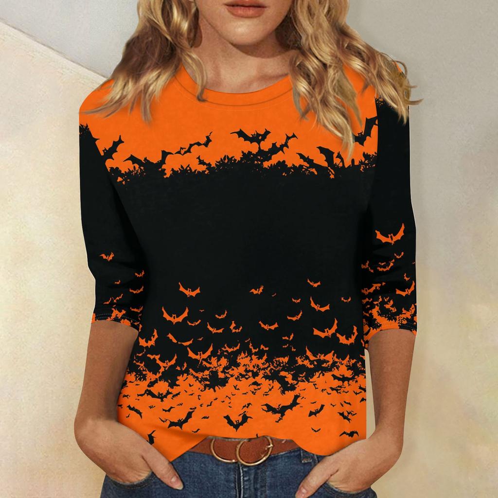 Women's Fashion Casual Three-quarter Sleeve Halloween Printed Round Neck Top