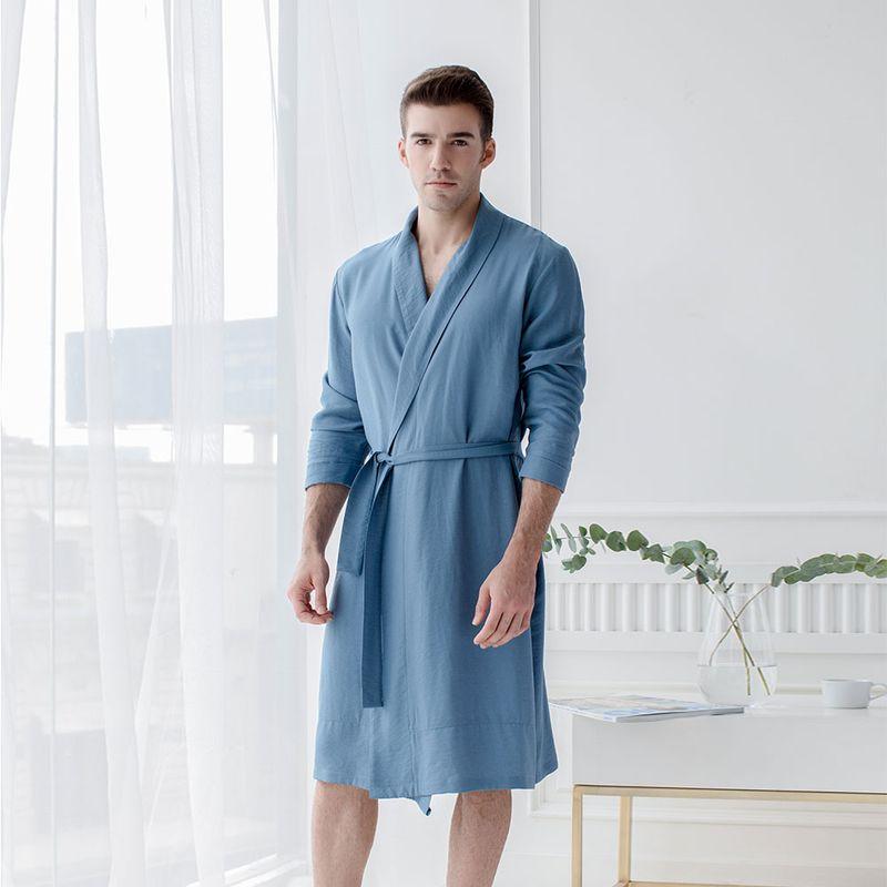 

Мужская и женская ночная рубашка для влюбленных длиной три четверти из семиниточной летней тонкой стиранной крепи хлопка, минималистичная пижама, халат, длинные рукава, домашняя одежда Peacock Blue Male L