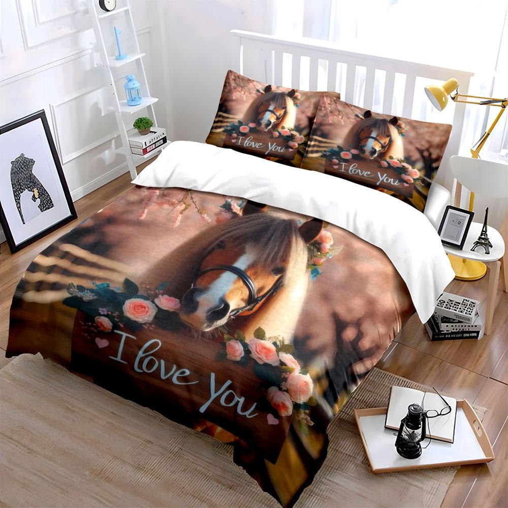 Romantic Floral Horse Decor Set Bedding Set with 1 Duvet Cover 2 Pillowcases Single Double King Queen Gift