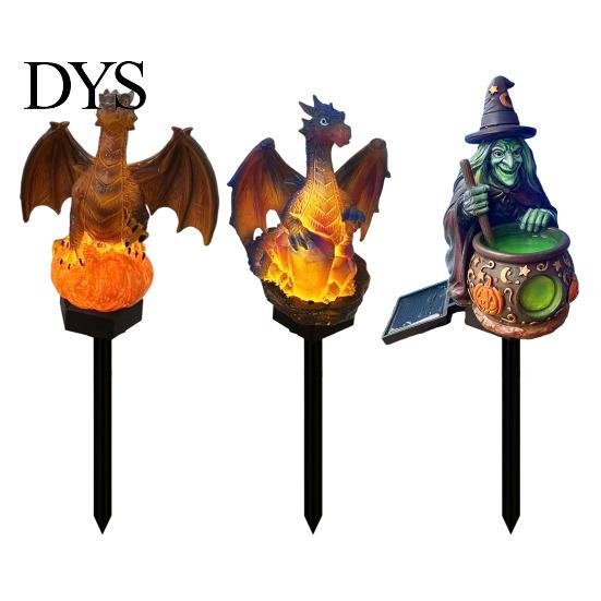 Outdoor Solar Powered Resin Sculptures Dragon Garden Statue Light, Halloween Witch Pathway Warm Figurine Lighting LED Glow, Gothic Medieval