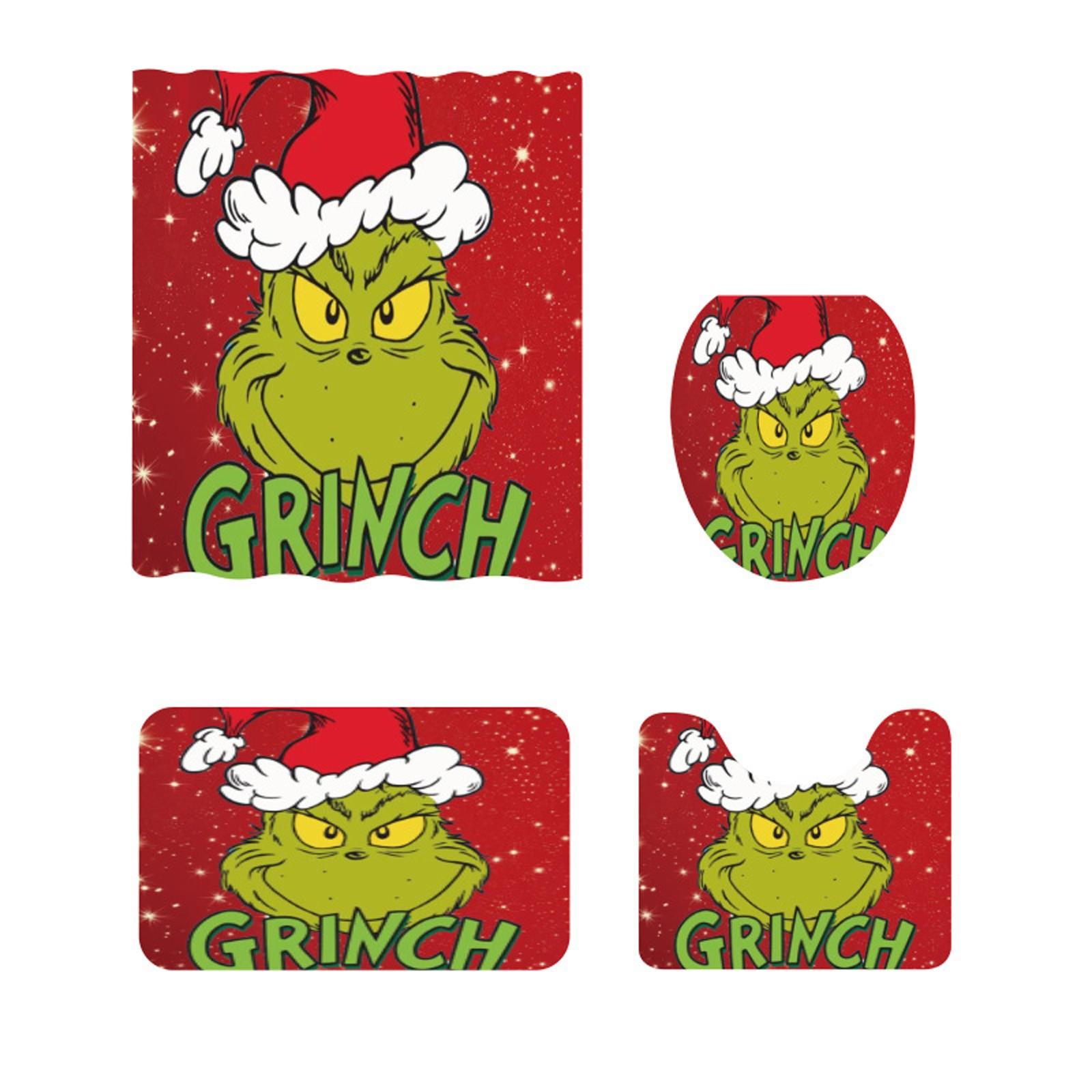 Festive Holiday Bathroom Set with Green Character Design 4 Piece Set Includes Shower Curtain, Toilet Lid Cover, Rugs One Size
