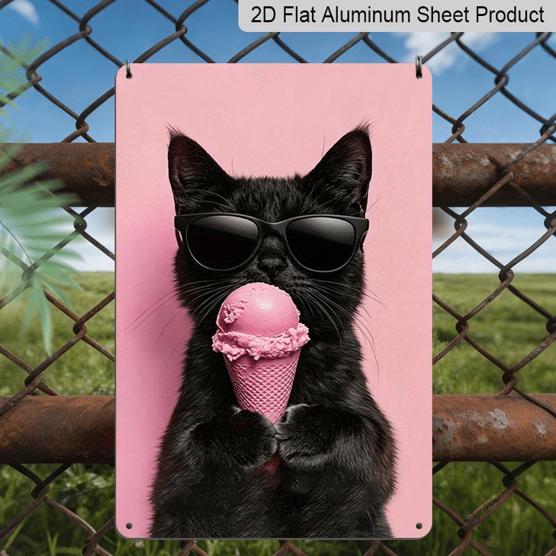 

2D Flat Cool Black Cat with Sunglasses & Pink Ice Cream Metal Sign - Funny Cat Aluminum Wall Decor Kitchen & Dining Room Wall, Cat Lover Living Room 20*30cm