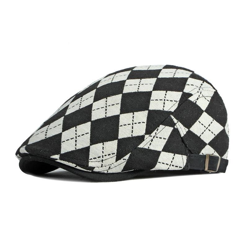 

Spring Fall Men s Beret Hat Retro Plaid Herringbone Cap Forward Flat Peaked Cap Women Dailywear Sunshade Cabbie Driving Hat Adjustable 55to60cm чорний
