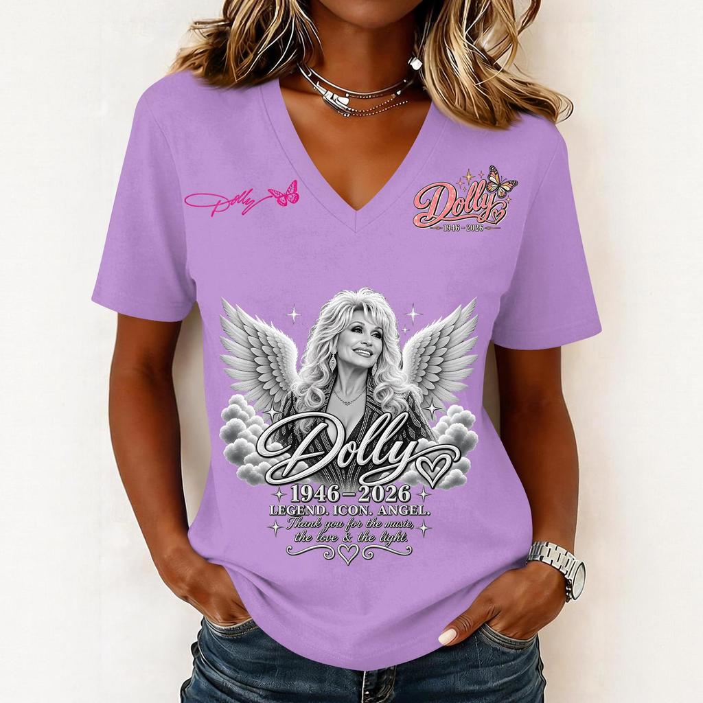 Women's Fashion Casual Letter Print V-Neck Short Sleeve Pullover Top
