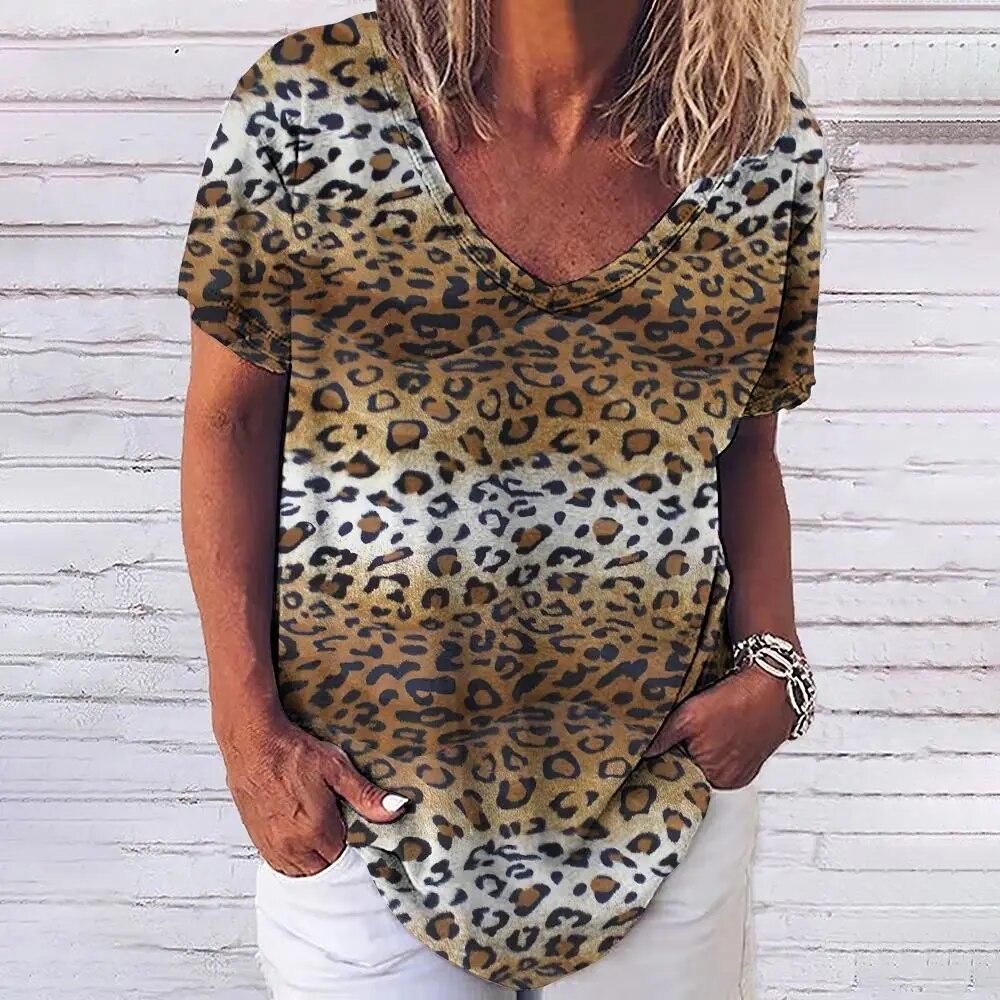 Dámske vintage tričko s leopardím vzorom Sexy dámske oblečenie V-výstrih Oversized krátky rukáv Letná voľná blúzka Bežné Streetwear