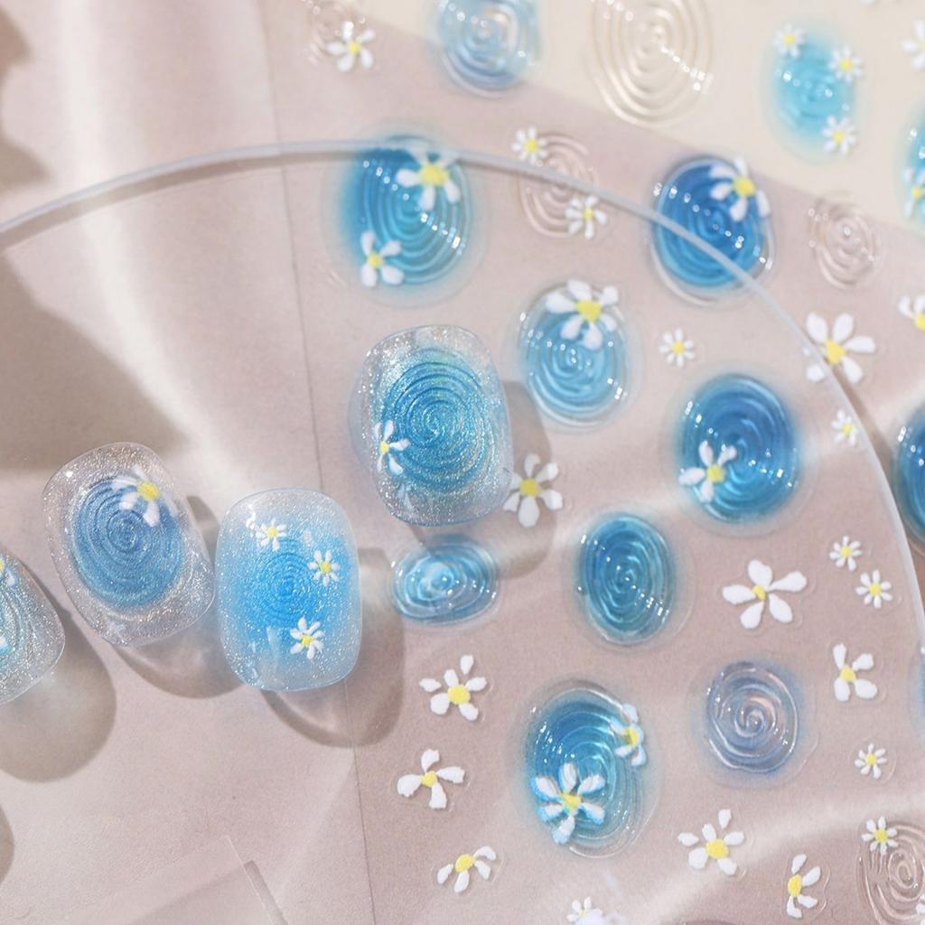5D Ocean Nail Art Stickers Blue Water Wave Daisy Spiral Pattern Self-adhesive Seaside Nail Decal DIY Manicure Decoration