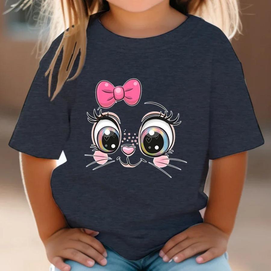 Teen Girl Clothes Pink Bow Cat Girl T-Shirt Summer Fashion Crew Neck Junior Girls' Clothing Short Sleeve Outdoor Children Top