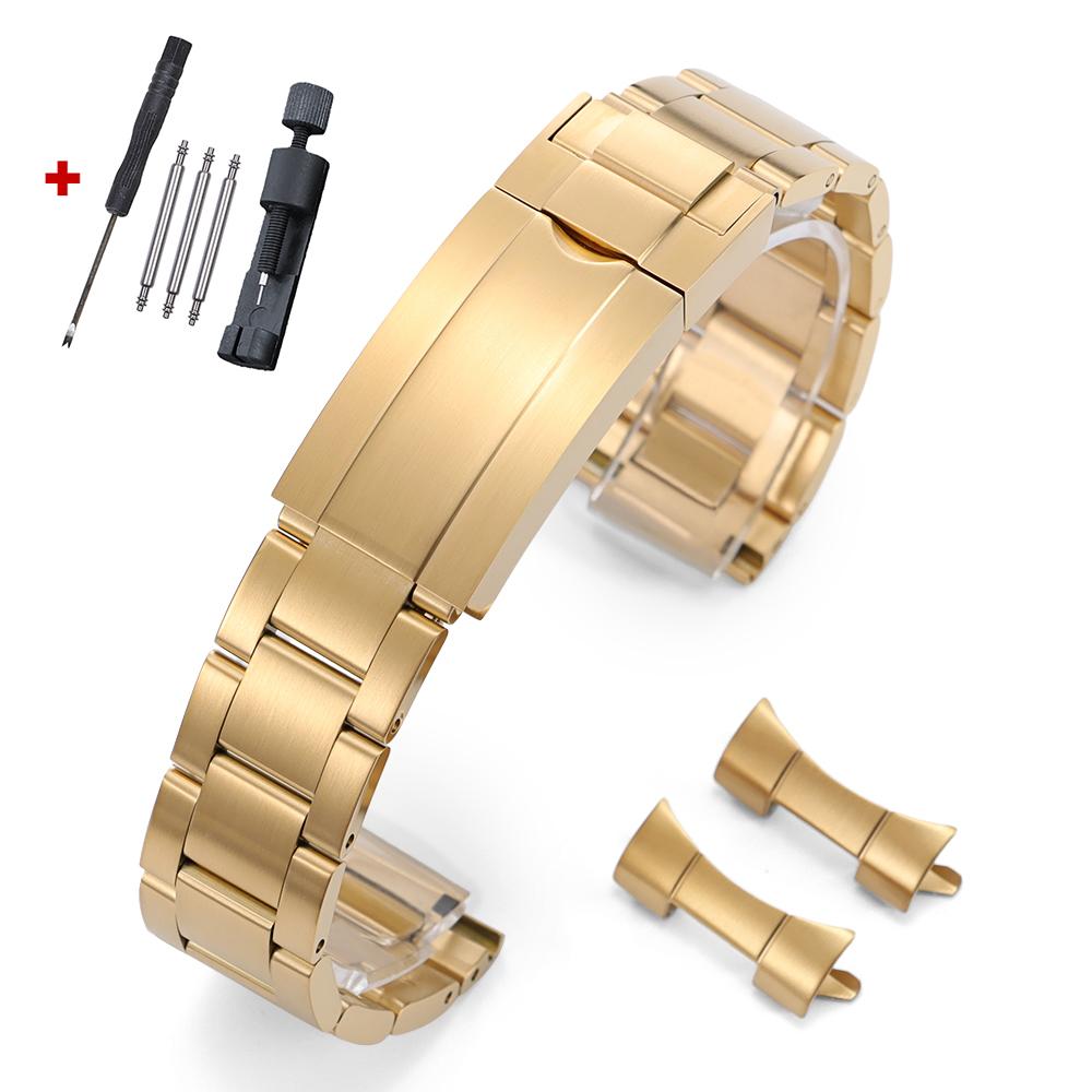 Luxury Solid Stainless Steel Watch Band 20mm Curved Flat Strap Silver Gold Black Bracelets Folding Buckle Wristband for Rolex