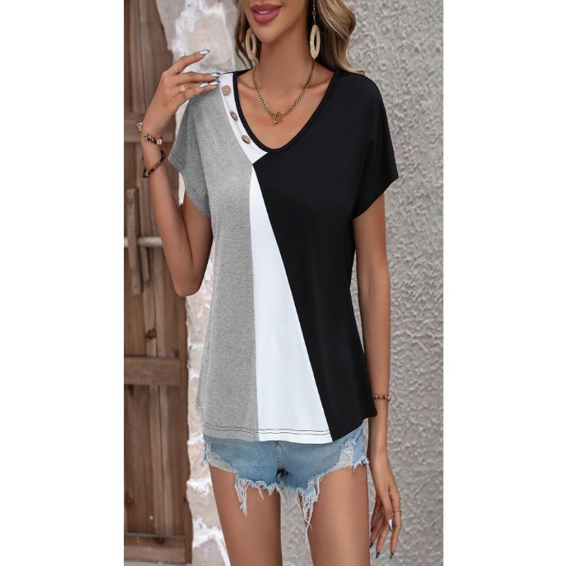 Women Color Block Print Loose Short Sleeve Casual Button T Shirt